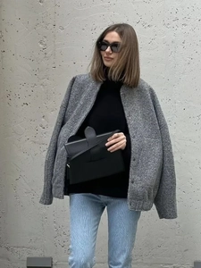 Oversized grey tweed texture jacket with high collar and loose casual street style for women