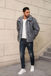 Detail shot of men's grey faux fur coat featuring a thick collar and soft texture
