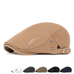 Cotton flat cap with side letter embroidery and stars, adjustable unisex newsboy style