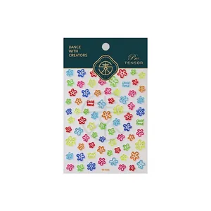 Colorful floral nail art stickers set with translucent petals and childhood text pattern