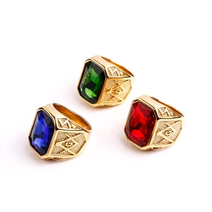 Anello Massonico da Uomo in Acciaio al Titanio Placcato Oro con Pietra Rettangolare Blu Rosso Verde Nero Gioielli Vintage