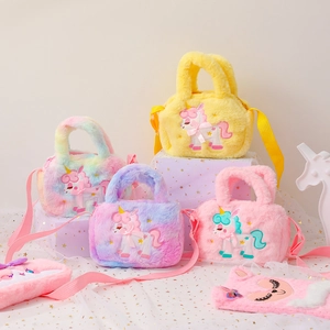 Plush unicorn crossbody bags in pink and purple colors with matching sleeping eye masks