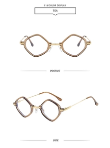 Front and side views of vintage diamond-shaped tea sunglasses with thin gold metal temples