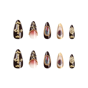 Gothic press-on nails with 3D cross, vintage portrait, and heart gems in dark brown tone