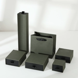 Collection of premium dark green matte paper drawer jewelry boxes with matching gift bag