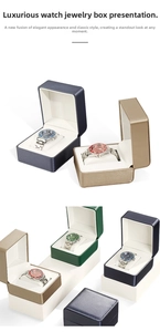 Detail showing premium PU leather watch boxes in blue, gold, and green with soft cushions