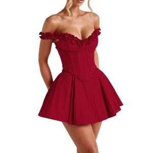Elegant red off-shoulder mini dress with lace embroidery and ruffled waist details