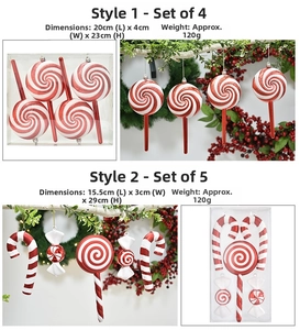 Close-up of red and white spiral candy Christmas ornaments in holiday scene setup