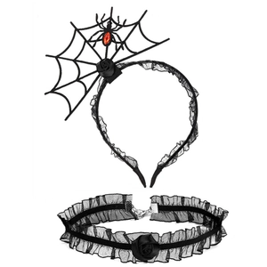 Gothic spider web headband and lace choker set with red gemstone for Halloween party