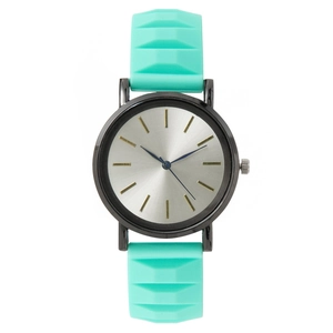 Mint green silicone watch with geometric texture and silver sunburst dial for women