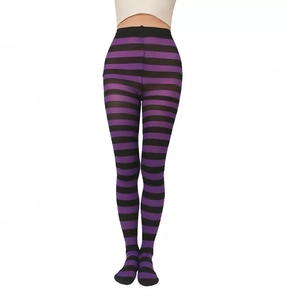 Hoch taillierte schwarz-lila gestreifte Strumpfhose für Halloween und Weihnachtsfeiern