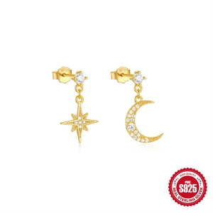 Classic S925 sterling silver star and moon earrings with gold plating and white zircon