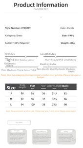 Size chart for purple floral dress with detailed measurements for S, M and L sizes