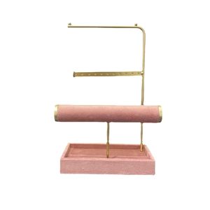 Golden metal and pink velvet jewelry display stand for necklaces earrings and bracelets