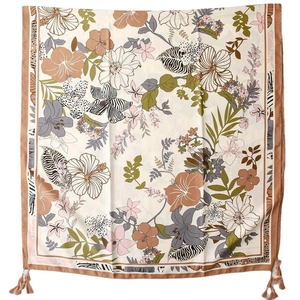 Floral and zebra print silk shawl with tassels for sun protection and beach wear