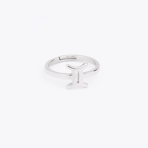 Detailed close-up of a silver Gemini zodiac sign ring with an adjustable open band design