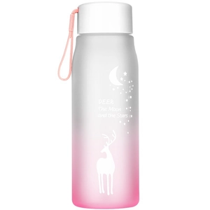 Gradient pink frosted plastic water bottle with deer and moon print and hand strap