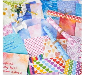 Variety of pastel scrapbook paper with floral and geometric patterns for DIY art projects