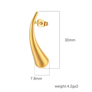 Boucles d'oreilles goutte en acier doré, taille 30mm x 7.8mm, poids 4.2g la paire