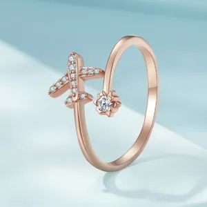 Elegant s925 silver airplane open ring with rose gold plating and zircon stones