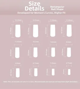 Size chart for 24pcs long square press on nails showing 12 different width dimensions