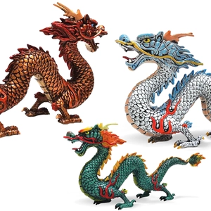 Three-piece solid Chinese dragon animal figures set with detailed scales and vivid colors