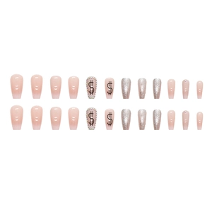 Pink gradient long coffin press-on nails with silver glitter, rhinestones, and dollar sign art