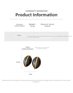 Detail view showing dimensions of 3.2cm oval wood earrings with golden copper stripes