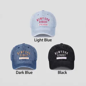 Three colors of washed denim baseball caps with New York Street Athleisure embroidery