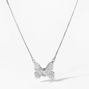 Elegant silver butterfly pendant necklace with textured metal design and thin snake chain