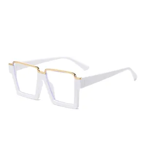 Chic oversized square glasses with white frames and gold metal top bar accents