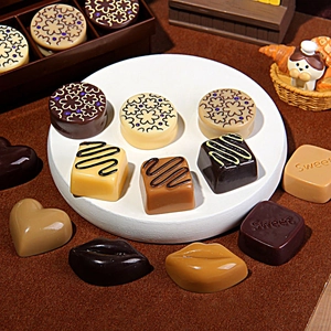 Macro shot of assorted resin chocolate charms on a tray for DIY phone case decorations