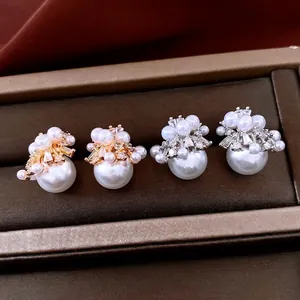 18K gold plated pearl stud earrings with sparkling cluster cubic zirconia for women
