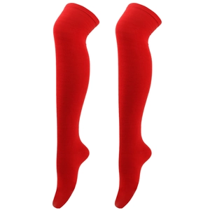 Detailed view of red knitted over-the-knee socks with tight texture and ribbed finish