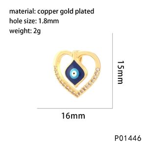 Detailed specs of heart evil eye pendant with 15mm height and 16mm width measurements