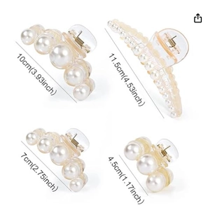 Detail view of pearl hair claw clips in four sizes: 11.5cm, 10cm, 7cm and 4.5cm models