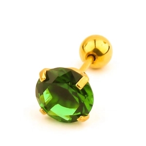 Titanium steel stud earring with green zircon in gold finish and screw back ball