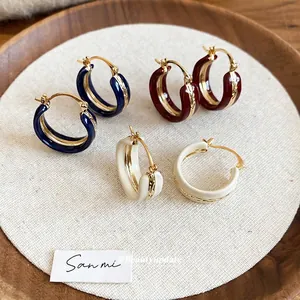 Retro Enamel Round Hoop Earrings With 925 Sterling Silver Earring Post Copper Geometric Vintage Jewelry For Women