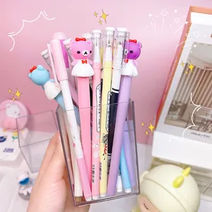 Cute cartoon bear gel pen set with pastel barrels in a clear stationery holder