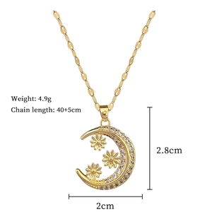 Detailed view of crescent moon and floral pendant necklace with specific dimensions and weight