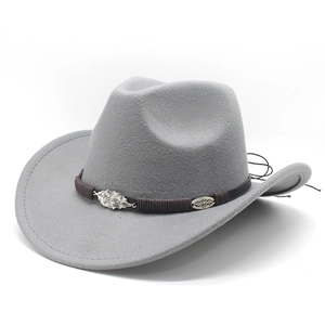 Detail of grey wool felt cowboy hat with braided leather band and silver leaf metal accents