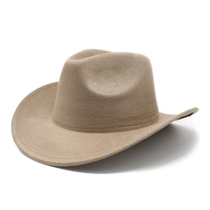 Classic camel faux suede western cowboy hat with wide stitched brim and pinched crown