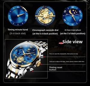 Detail view of OLEVS chronograph watch features and side buttons with moon phase