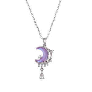 Silver crescent moon necklace with purple zircon crystals and a teardrop pendant