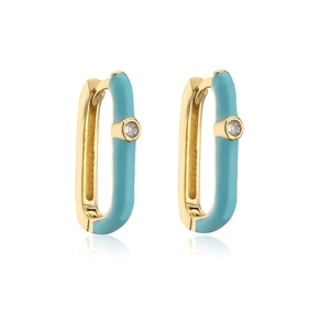 Close-up of oval gold earrings with sky blue enamel and sparkling center zircon