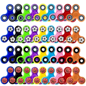 Matrix display of colorful fidget spinners in football, basketball, and standard designs