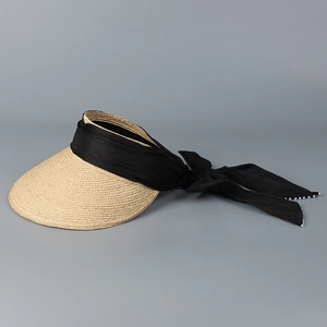 Detail of the woven straw sun hat brim with a black bow and white pearl accents