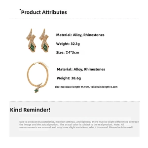 Detailed view of snake-shaped jewelry set with crystal inlay and dimensions information