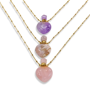 14K gold plated stainless steel necklaces with heart-shaped natural stone perfume bottle pendants