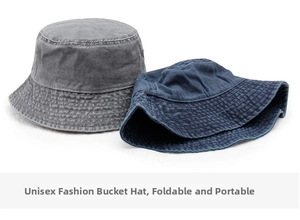 Close-up of washed denim bucket hats in navy and grey with stitched brim and vintage finish